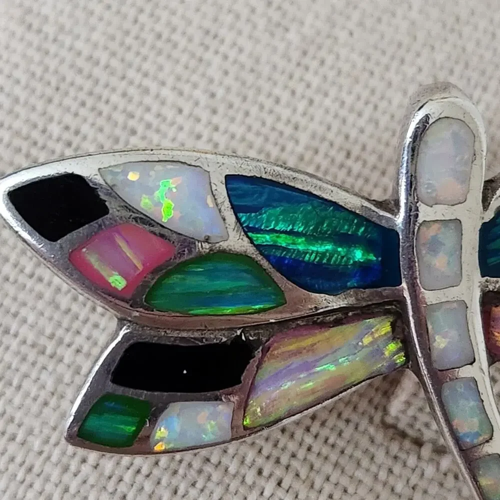 Vintage Sterling Silver Colorful DRAGONFLY Pendant Brooch with 18" Chain - Picture 4 of 10